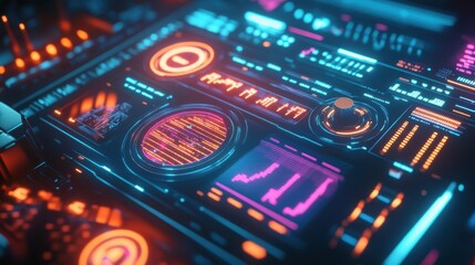 Obraz premium A closeup of a digital dashboard showcases fluctuating graphs and metrics illuminated in neon colors with pulsating light effects indicating the realtime flow of data from various factory