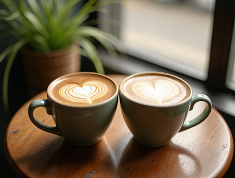 Two cups of coffee with heart-shaped latte art for Valentine's Day