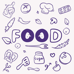 Vector illustration of purple line doodle style with food lettering, greenery with lettuce leaves, pepper, banana and fork, chef's hat, sugar, bread, cutting board, packaging design, healthy food, let