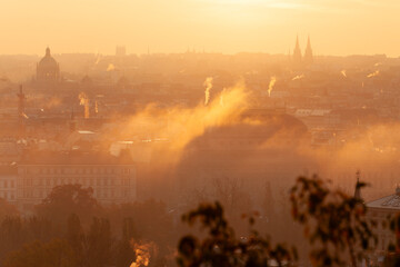 National Theatre, gold fog over Prague Towers at beautiful sunrise, view from the Mala Strana ,...