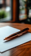 Fototapeta premium Elegant gold pen resting on blank notepad in warm coffee shop during afternoon