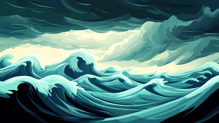 Panoramic view of rolling waves and a dark, stormy sky, capturing the vast scale of the sea storm and the tumultuous sea conditions. Dramatic Storm Skies. Illustration