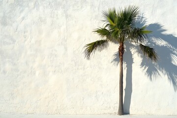 Palm tree casting shadow against a bright white wall in a sunny outdoor setting