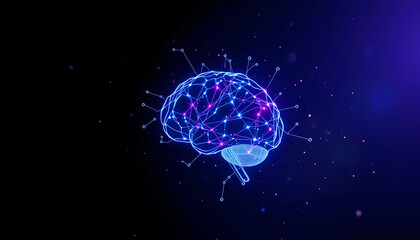 Fototapeta premium Digital brain with interconnected nodes and glowing particles, representing neural networks and intelligence. Dark purple background