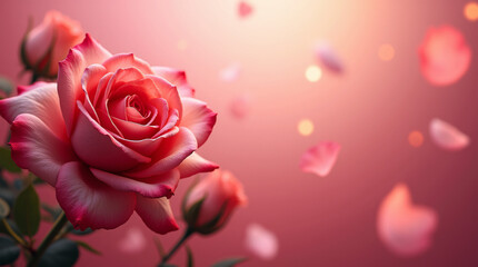 Background of pink roses with floating petals for Valentine's Day