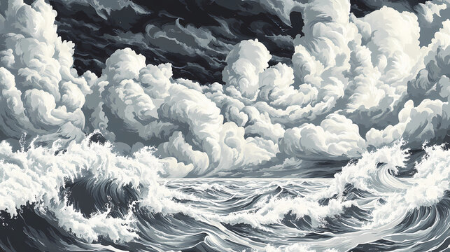 Panoramic view of rolling waves and a dark, stormy sky, capturing the vast scale of the sea storm and the tumultuous sea conditions. Dramatic Storm Skies. Illustration