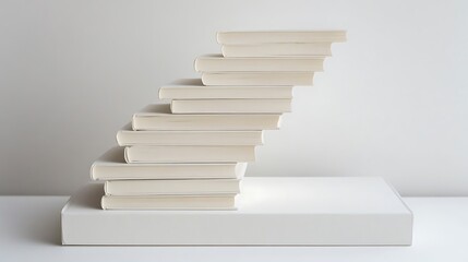 Minimal white book stairs arranged with precision on clean white backdrop