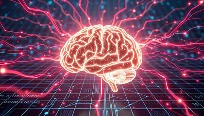 Fototapeta premium Glowing brain with electric impulses, representing neural connections and ideas. Dark blue background