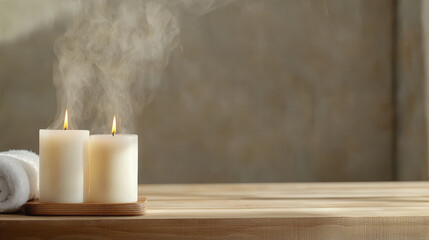 Serene steam bath with glowing candles and soft towels creating calming atmosphere