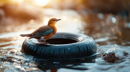 A vibrant bird stands atop a tire floating on the water, with sunlight glistening on the surface, creating a captivating juxtaposition between nature and human artifacts.