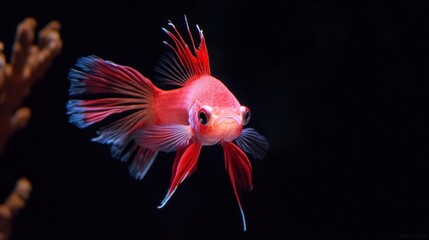 Fototapeta premium Red betta fish with long fins, swimming against a black background.