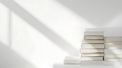 Abstract minimalistic composition of white book stairs clean white backdrop