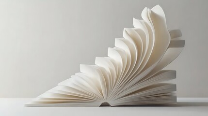 Abstract minimalistic composition of white book stairs clean white backdrop