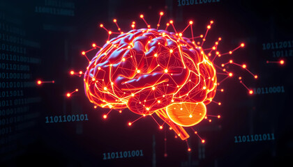 3D vibrant brain illustration with glowing connections and binary code background
