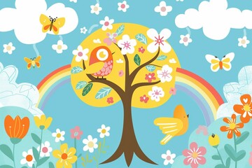 Fototapeta premium Playful children�s illustration featuring a springtime tree filled with flowers, colorful birds, and a bright cheerful atmosphere.