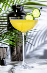 Cucumber Gimlet alcoholic cocktail drink with gin, syrup, lime juice and cucumber wheels. Marble table, white walls, palm leaves with shadow