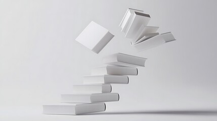 Geometric 3D white book stairs floating on a clean white seamless surface