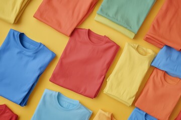 Folded T Shirts in Various Colors Arranged Neatly on a Solid Yellow Backdrop Top Down View
