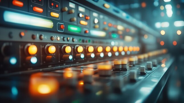 A detailed view of professional sound mixing equipment showcases glowing controls and sliders, representing the technical artistry behind music production.
