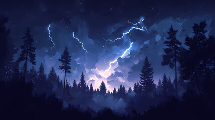 Naklejka premium A dramatic nighttime storm with multiple lightning bolts branching across a dark sky, casting bright light over the silhouette of a dense forest of tall trees. Dramatic Storm Skies. Illustration