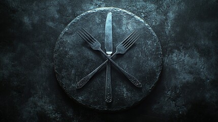 Fototapeta premium Crossed forks and knife on dark slate, textured backdrop for menu