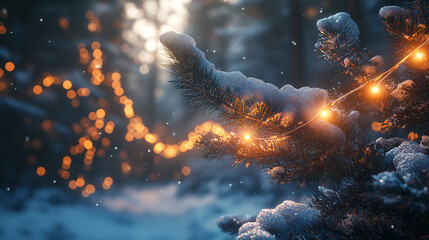 Winter forest decorated with warm lights and snow glowing at sunset