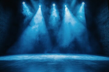 Obraz premium Bright stage lights illuminating a foggy performance area in an event space