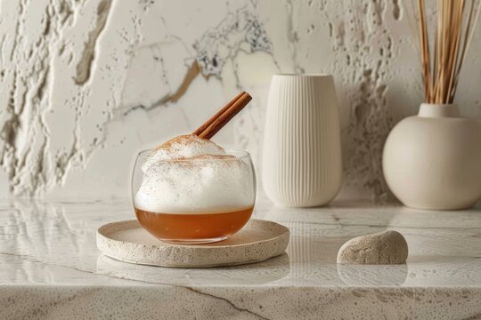 Modern gourmet presentation of carajillo coffee with cinnamon in minimalist setting