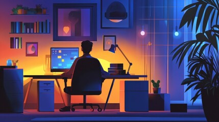 A professional working late at night in a dimly lit but modern home office