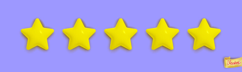 Five stars rating with red arrow  Realistic vector customer review. Positive rating concept with shiny yellow stars on white background
