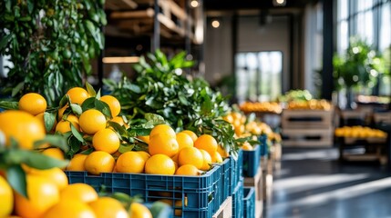 An array of vibrant oranges stacked high in a market setting brings life and energy, reflecting the joy of fresh produce and the beauty of nature's bounty.