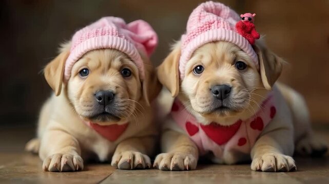 Shar Pei Puppies dressed in Valentine's Day costumes&sbquo; cute and heartwarming. Festive Mothers Day, Valentine's Day, Chocolate Day, Birthday.