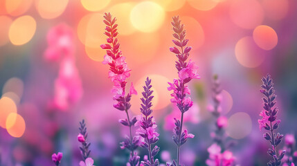 Obraz premium Beautiful blooming flowers in soft focus during a bright sunset in a garden