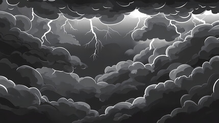 Fototapeta premium Dark grey and black storm clouds cover a vast expanse of the sky with flashes of lightning, dramatic, ominous, cloud, black. Dramatic Storm Skies. Illustration