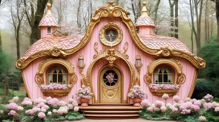 Fototapeta premium Fairytale Pink House with Gold Accents in a Forest