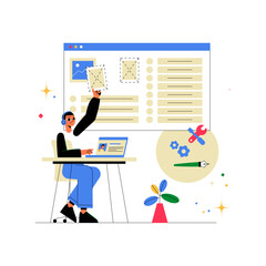 Web Developer With Interface Elements In Flat Vector Illustration Symbolizing Website Design, Coding, And Development, Isolated On White Background