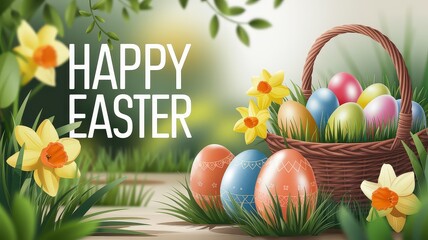 Celebrate the Joy of Easter With a Vibrant Festival Card Filled With Colorful Eggs and Blooming Flowers