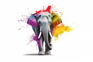 Colorful artistic Holi elephant with vibrant paint splashes on a white background