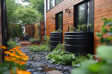Stylish garden pathway with rainwater tanks and vibrant flowers beside a modern wooden house
