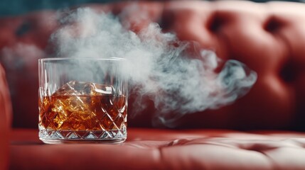A glass of chilled whiskey filled with ice lies atop a vintage red couch, emanating smoke, presenting an elegant and luxurious drinking experience.
