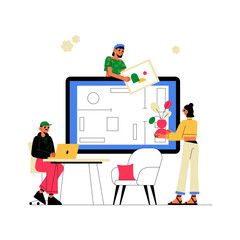 Team Of Designers Collaborating On Digital Interior Layout In Flat Vector Illustration Symbolizing Creativity, Teamwork, And Innovation, Isolated On White Background