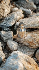 Fototapeta premium Elegant granite soap dispenser on stacks of smooth stones by a river bank in gentle light