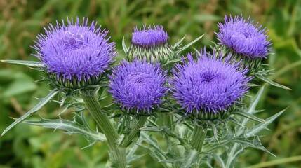 Purple thistle flowers bloom in a green field.  Garden, nature, floral, botany background