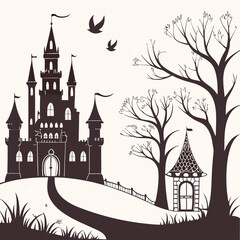 Obraz premium illustration with castle and crows silhouettes isolated on white background