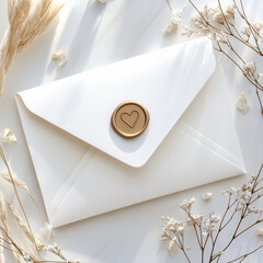 A delicate white envelope with a gold heart wax seal, surrounded by dried flowers and soft sunlight on a white surface.