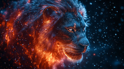 Majestic lion in a fiery and cosmic display of colors and textures