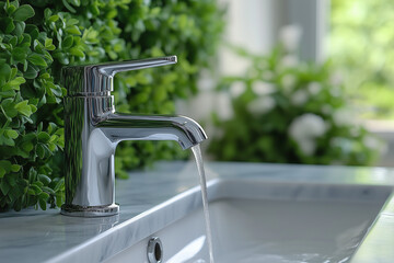 Modern chrome faucet with running water in bathroom sink.