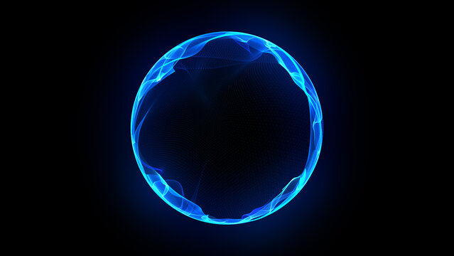 Blue technology 3d sphere of glowing particles and energy waves. Future technology, science, and artificial intelligence background. Big data, AI virtual assistant. Futuristic digital 3d orb. 