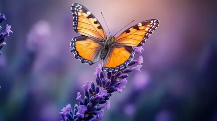 Obraz premium Butterfly perched on lavender blooms in a tranquil garden during golden hour light