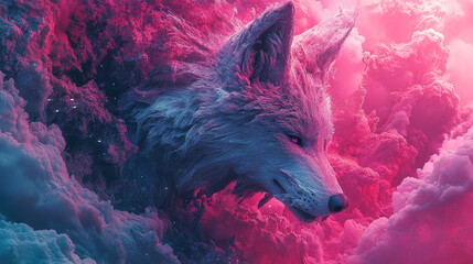 Creative artistic depiction of a fox emerging from vibrant clouds at dusk